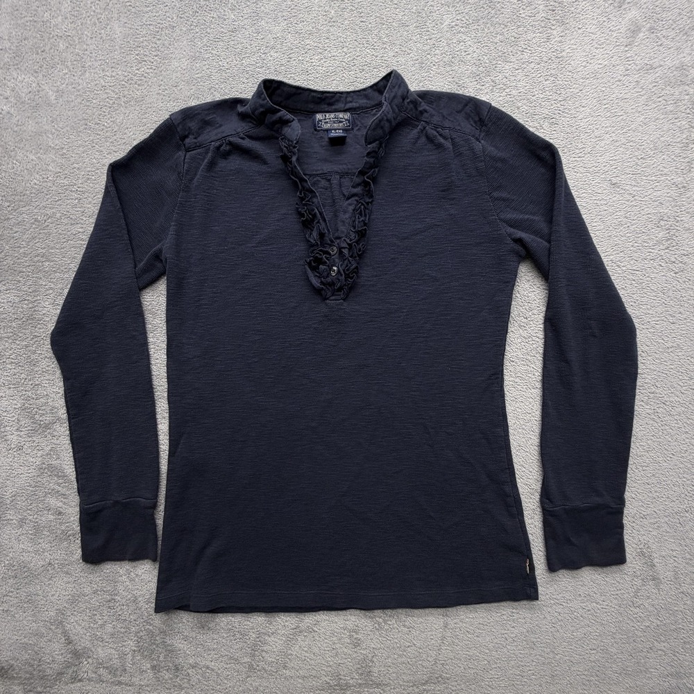 Polo Jeans Company Blouse Womens XL Black Ruffle V-Neck Long‎ Sleeve Cotton
